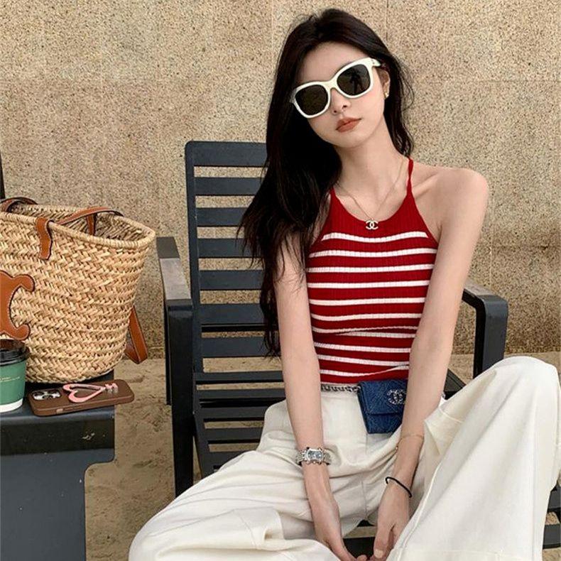 Black Striped Knitted Camisole Tank Top Women's Spring Summer Inner Wear Hot Girl Sexy Backless Outerwear Short Base Layer Top