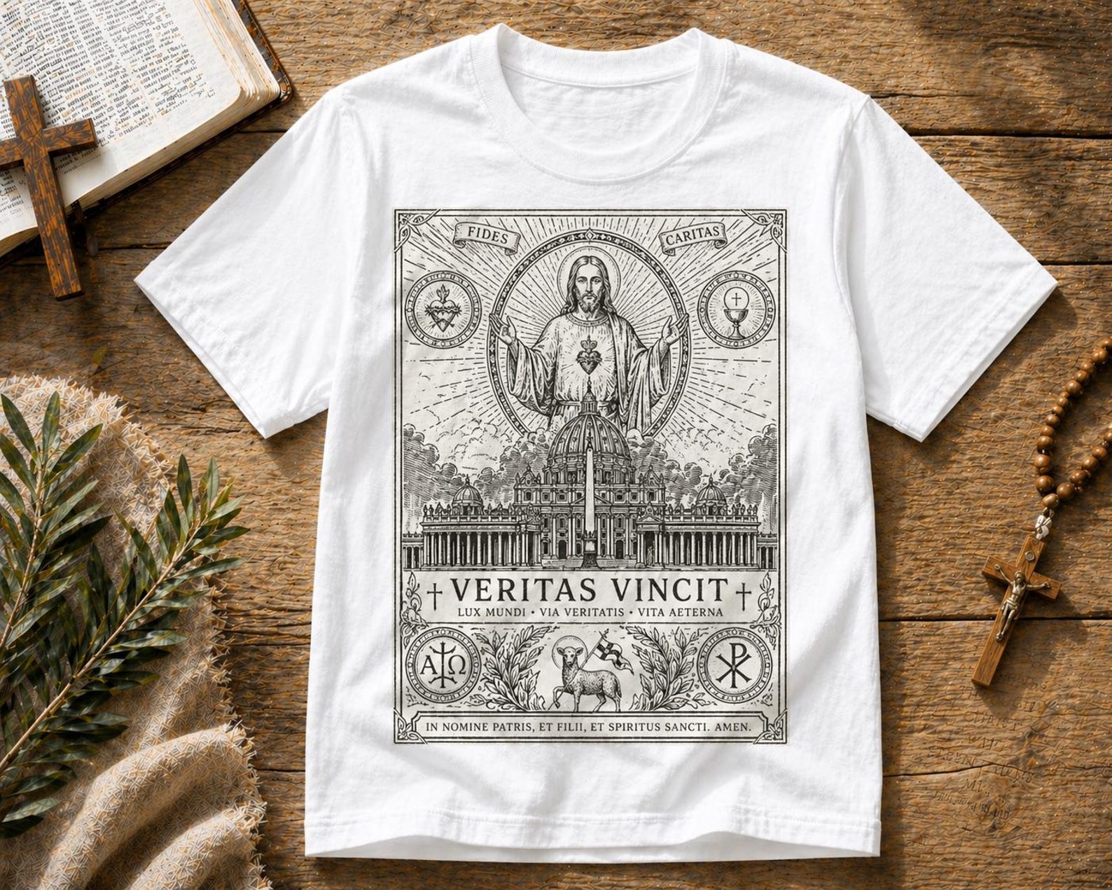 Vintage Christian T-Shirt – Veritas Vincit Sacred Illustration Graphic Tee 3XL