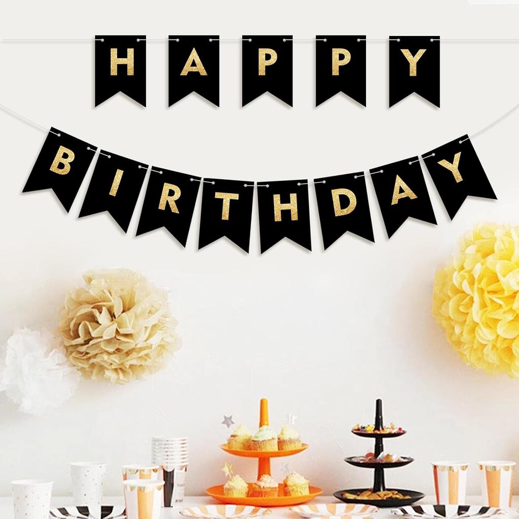 Happy Birthday Banner,Black and gold Birthday Banner,Happy Birthday Decoration,Black and gold Party Decoration