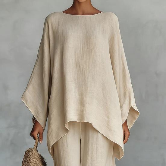 Completi da Salotto Estivi da Donna a Due Pezzi con Top Batwing a Manica Lunga Scollo a Barca e Pantaloni a Gamba Larga