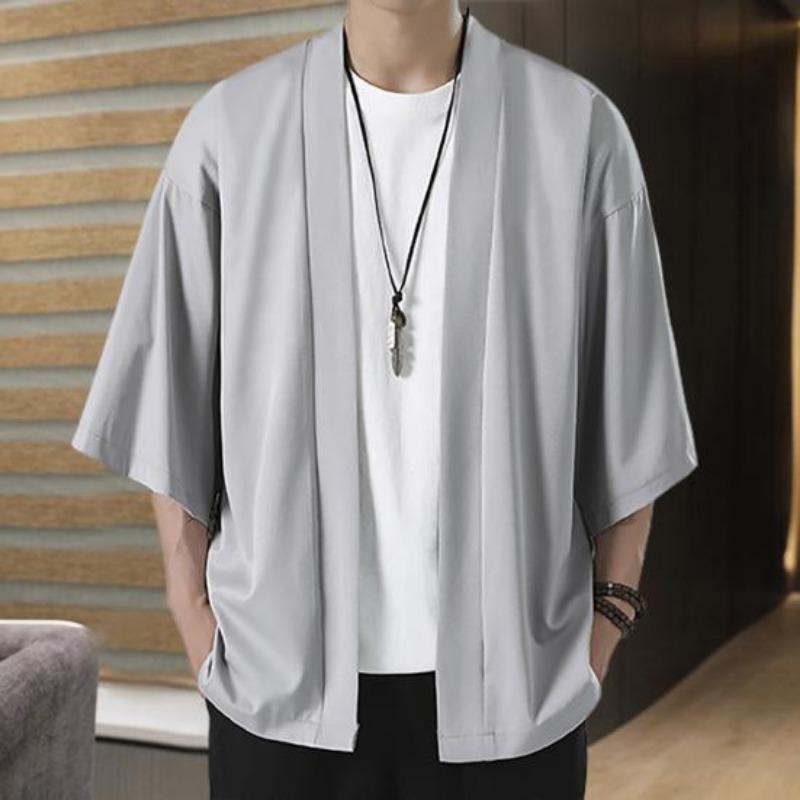 Cămașă pentru bărbați Kimono în stil japonez Costum de samurai de culoare solidă Haine asiatice Cardigan trei sferturi Cămașă pentru bărbați