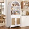 Modern arched display and storage cabinet, rattan doors, 3 display compartments + 2 doors + 1 drawer, white + wood look, 70 x 40 x 170 cm.