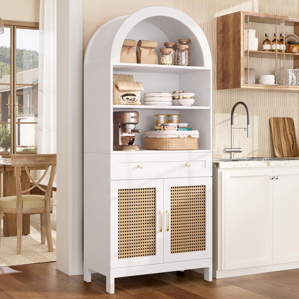 Modern arched display and storage cabinet, rattan doors, 3 display compartments + 2 doors + 1 drawer, white + wood look, 70 x 40 x 170 cm.