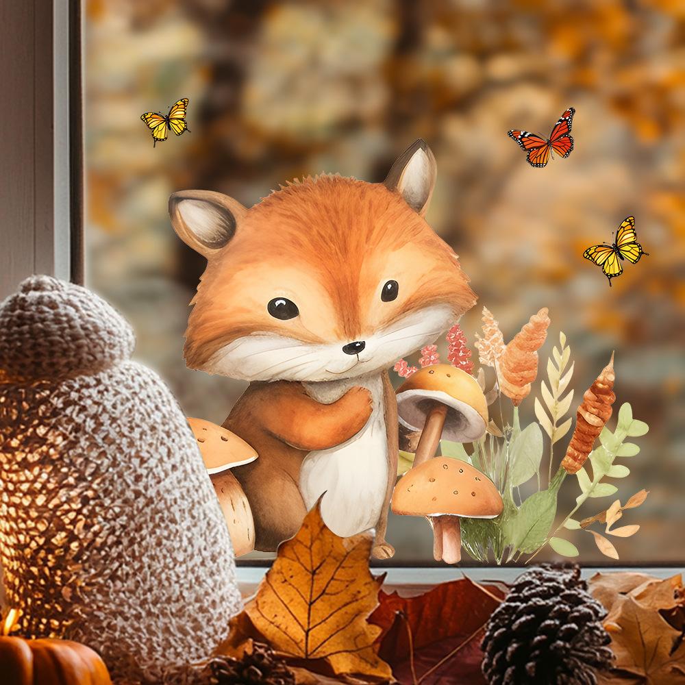 Watercolor Fox and Mushroom Window Stickers, Self-Adhesive Removable Forest Theme Decor for Glass Windows Doors