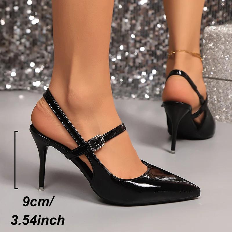 Fashion Elegant Summer Slingback Sandals for Women Pointed Toe Stiletto Heel Banquet Dress Shoes Woman Patent Leather High Heels Pumps