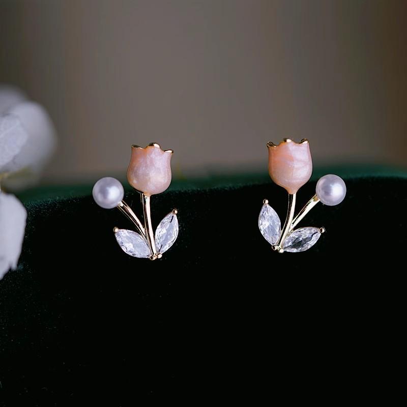 Sweet and Cute Pink Tulip Pearl Earrings High-end Light Luxury Niche Design Versatile