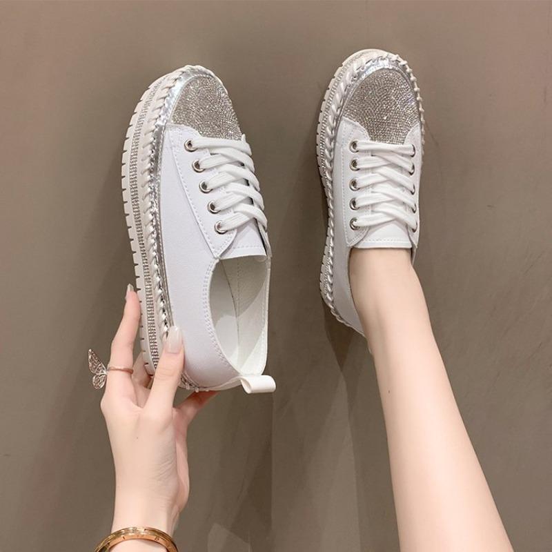 Spring and Autumn new rhinestone thick-soled lazy shoes female student muffin bottom hand-sewn small white shoes casual single shoes