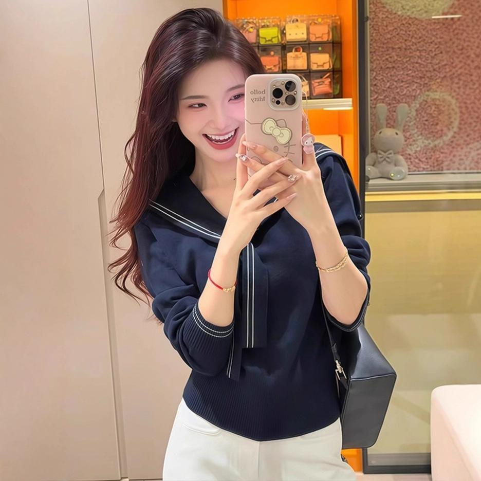 Темно-синий воротник длинный рукав абрикосовый свитер женский осенний новый корейский студенческий стиль приталенный талия универсальный вязаный свитер one size fits all тёмно-синий 1990₽