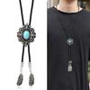 Men Women Western Cowboy Bolo Tie Vintage Floral Stone Pendant Jewelry Leather Rope Necktie Tie Metal Feathered Necklace