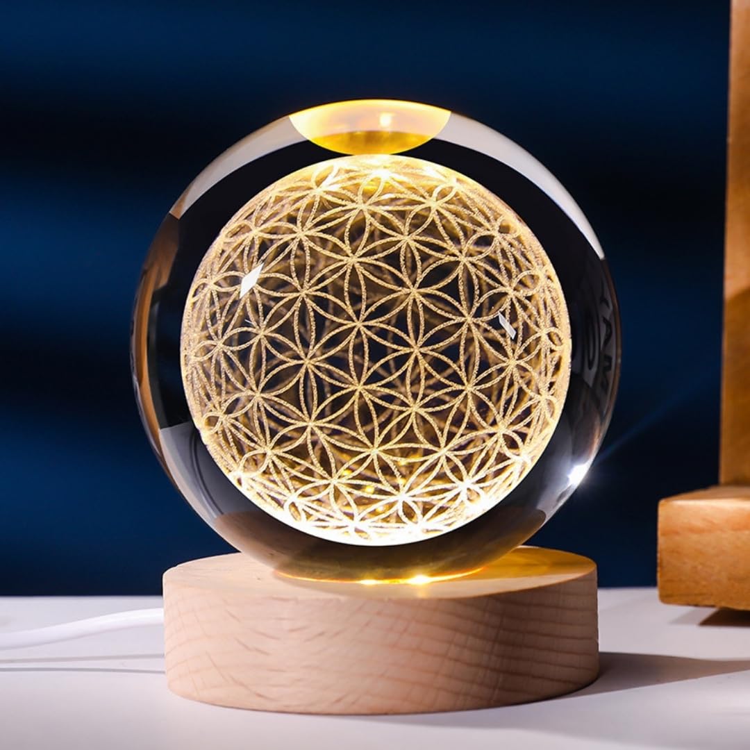 

Crystal Flower Ball Table Lamp with LED Light, 8cm, for Bedroom, Bedside, Night Light, Relaxing Decor, Stylish