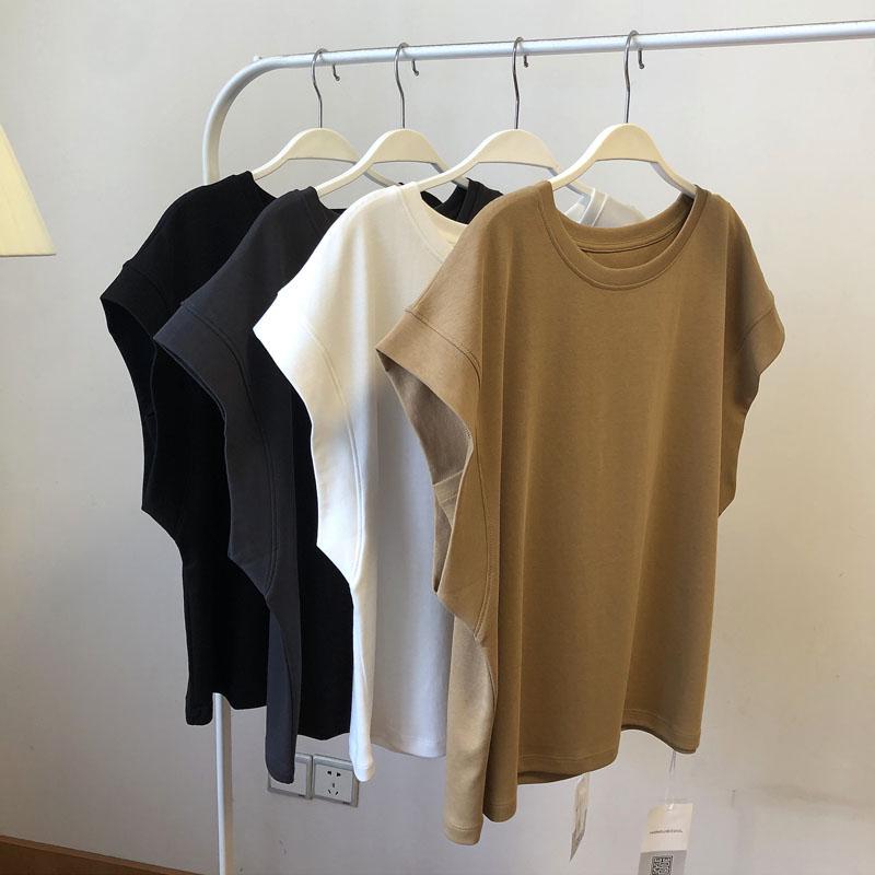 

Женский хлопковый танктоп однотонного цвета с рукавами-буфами - Свободный, без рукавов, дизайн против просвечивания, повседневная летняя одежда One Size темно-серого