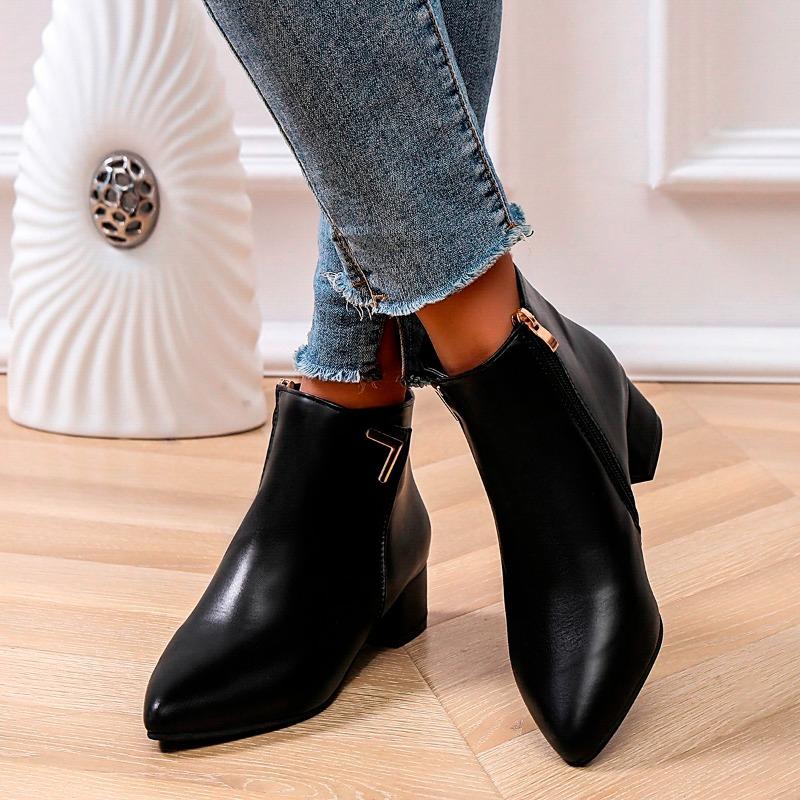 Soft Leather Booties Women's Pointed Toe Spliced Metal Buckle Side Zipper Anti-Slip Wear-Resistant Block Heel Boots
