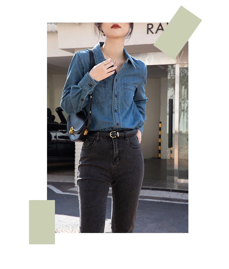 2025 Women's Chic Retro Denim Shirt - Soft Cotton, Long Sleeve, French Style for Spring/Autumn