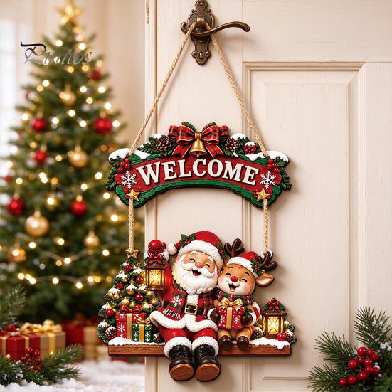 Cute Cartoon Christmas Ornament Wooden Welcome Sign, Front Door Hanging Rustic Holiday Vintage Style Sign Wall Decor with Elk/Santa Claus/Snowman/Elf