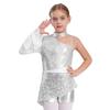 Mädchen Peplum Turnanzug Tanzkostüm Asymmetrisches Kalt-Schulter-Design mit transparenten Mesh-Rüschenärmeln Body