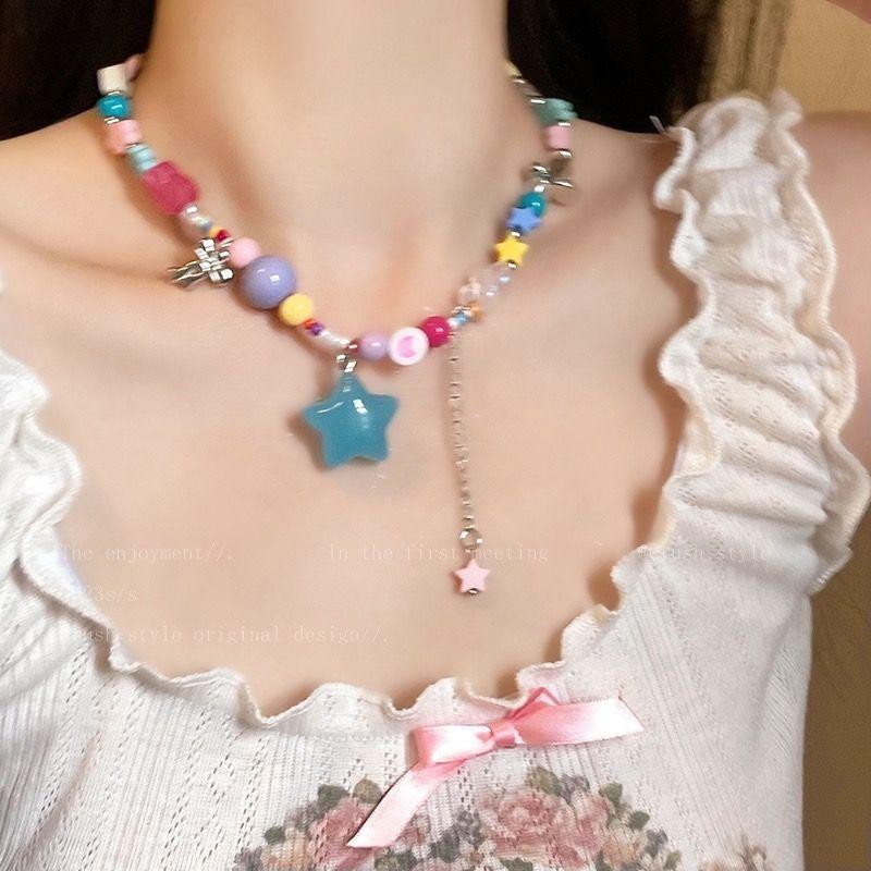 Sweet Cool Girl~ Color Beaded Love Necklace Women's ins Tide Niche Design Light Luxury Premium Versatile Clavicle Chain