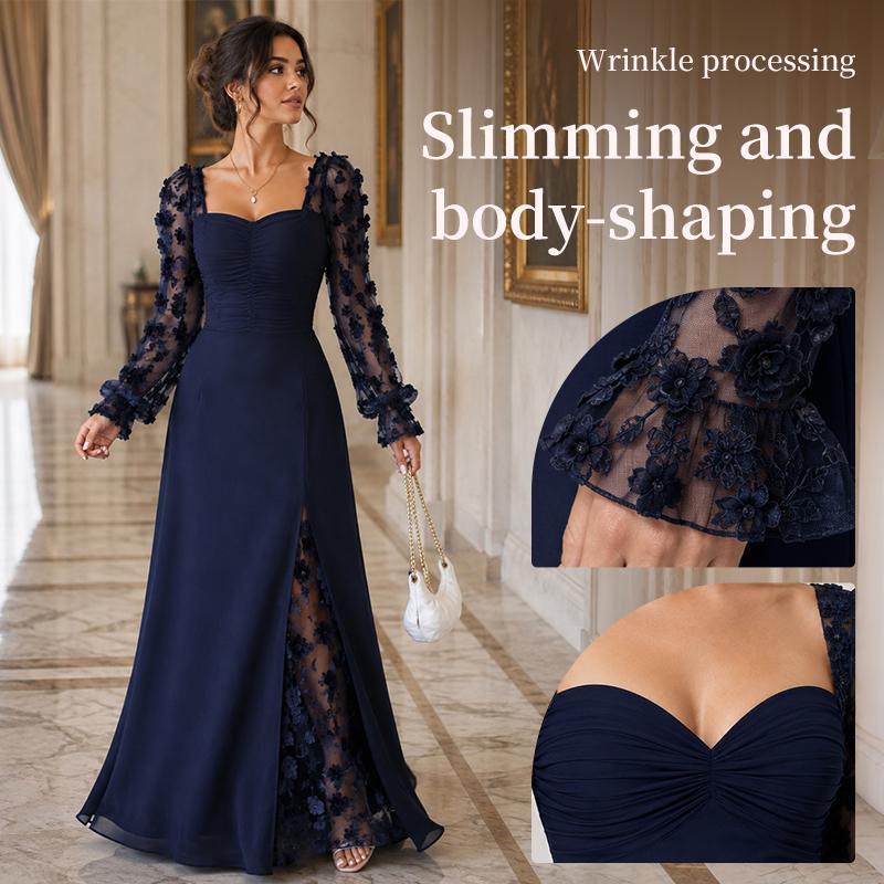 Damen Elegantes Quadratischer Ausschnitt Blasenärmel Langarm Mesh-Einsatz Jacquard Maxikleid 3D Schlankmachend A-Linie Schwingend Langkleid