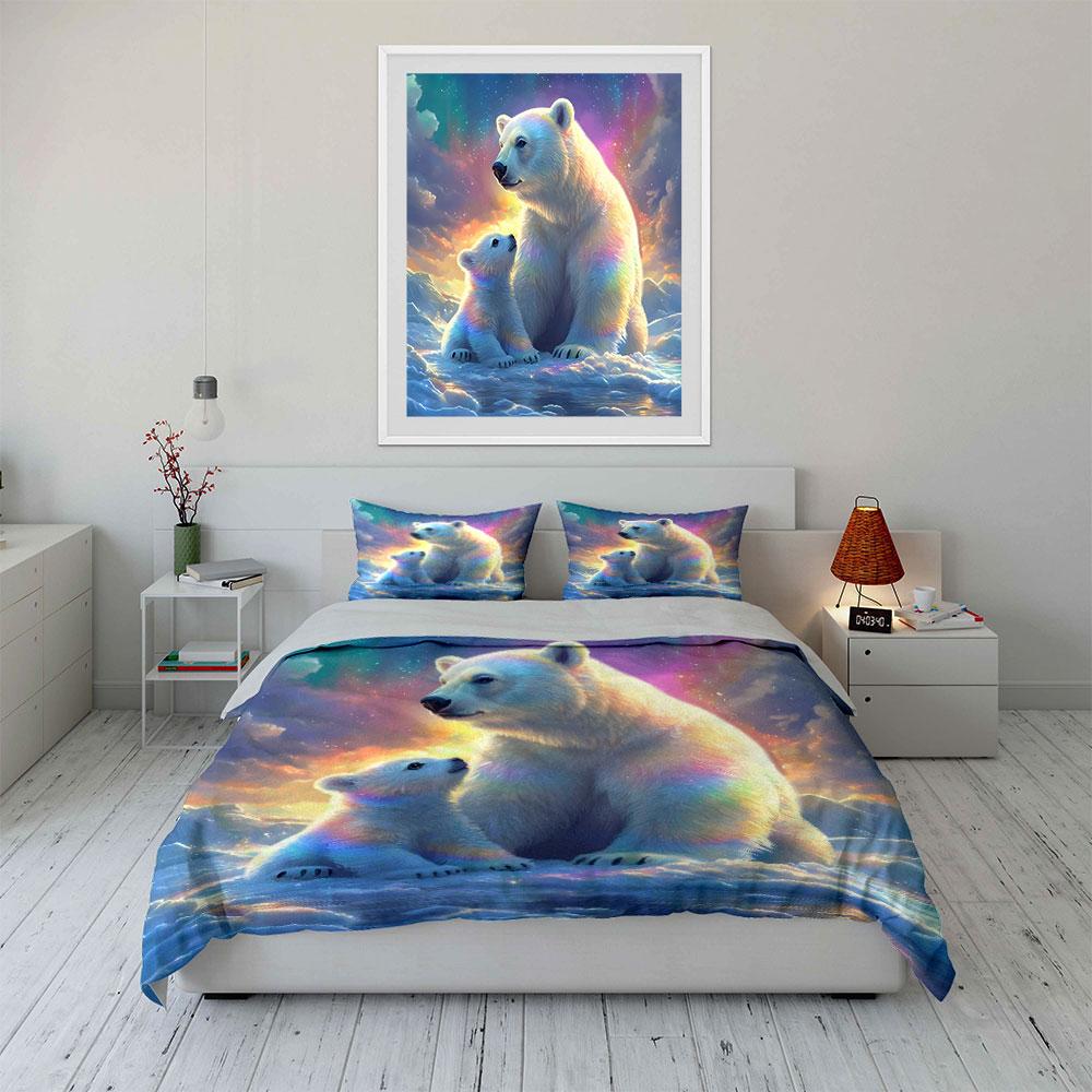 3pcs Polar bear mother and cub under aurora Print Bedding Set 1 Duvet Cover 2 Pillowcases for Adult and Children Luxury Gift