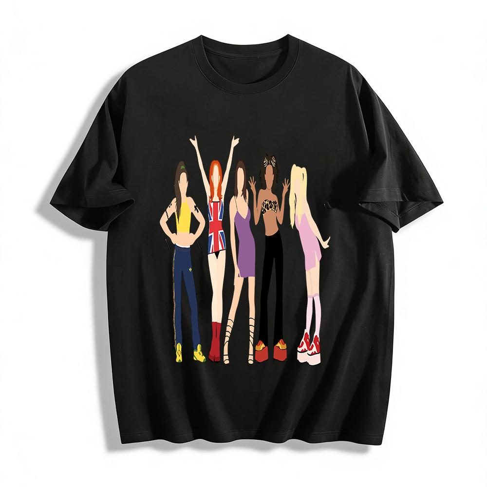 90s Spice Girls Tribute Graphic Tee Retro Pop Group Print Casual Crew Neck Short Sleeve Top Pure cotton T-shirt XXS