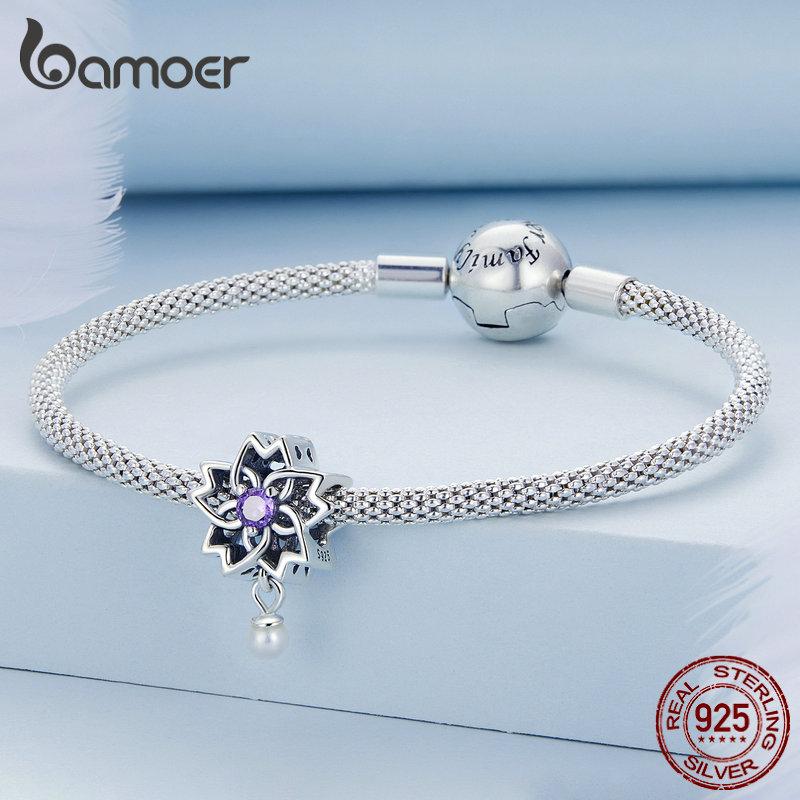 Bamoer 925 Sterling Sølv Vintage Tekstur Lilla Zirkonium Anheng passer Kvinner DIY Armbånd & Armring Perle Glansfulle Perle Charms