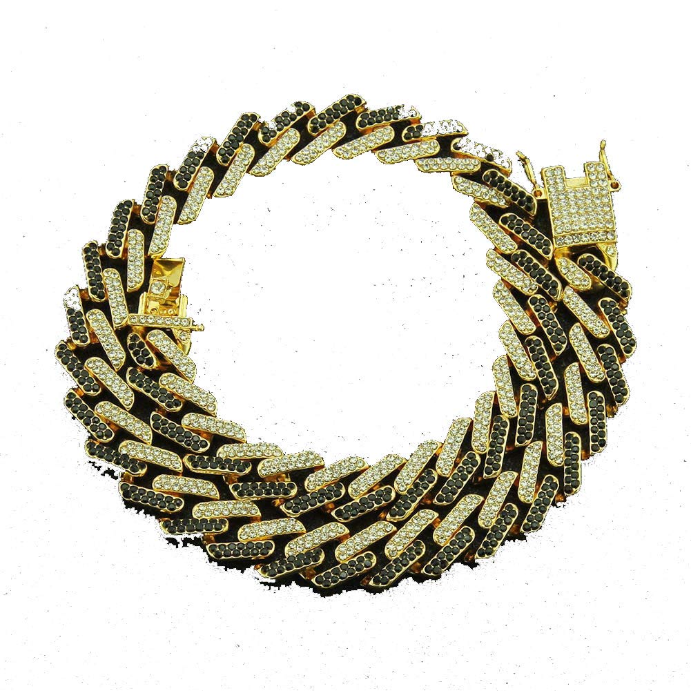 Rockyu 13mm Zirconia Cuban Link Necklace for Men - Miami Cuban Chain, 13mm Wide, Thick CZ Diamond Link Choker, Rock/Punk Style (Gold-Black Diamond, 20