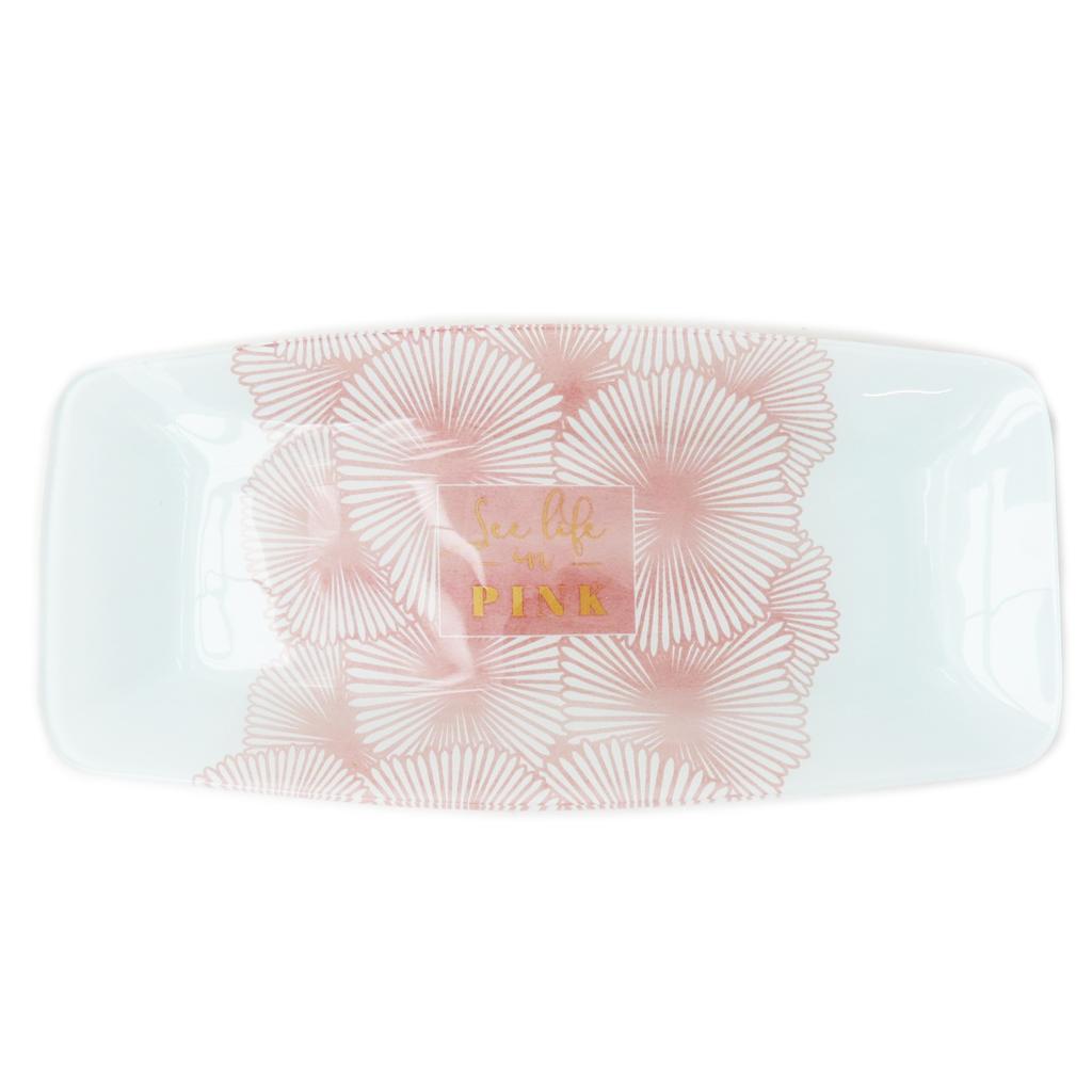 Les Trésors De Lily [A2313] - Glass Dish Tray / Cake Dish 'Ginkgo Biloba' Pink White - 29x14 Cm (see Life In Pink)