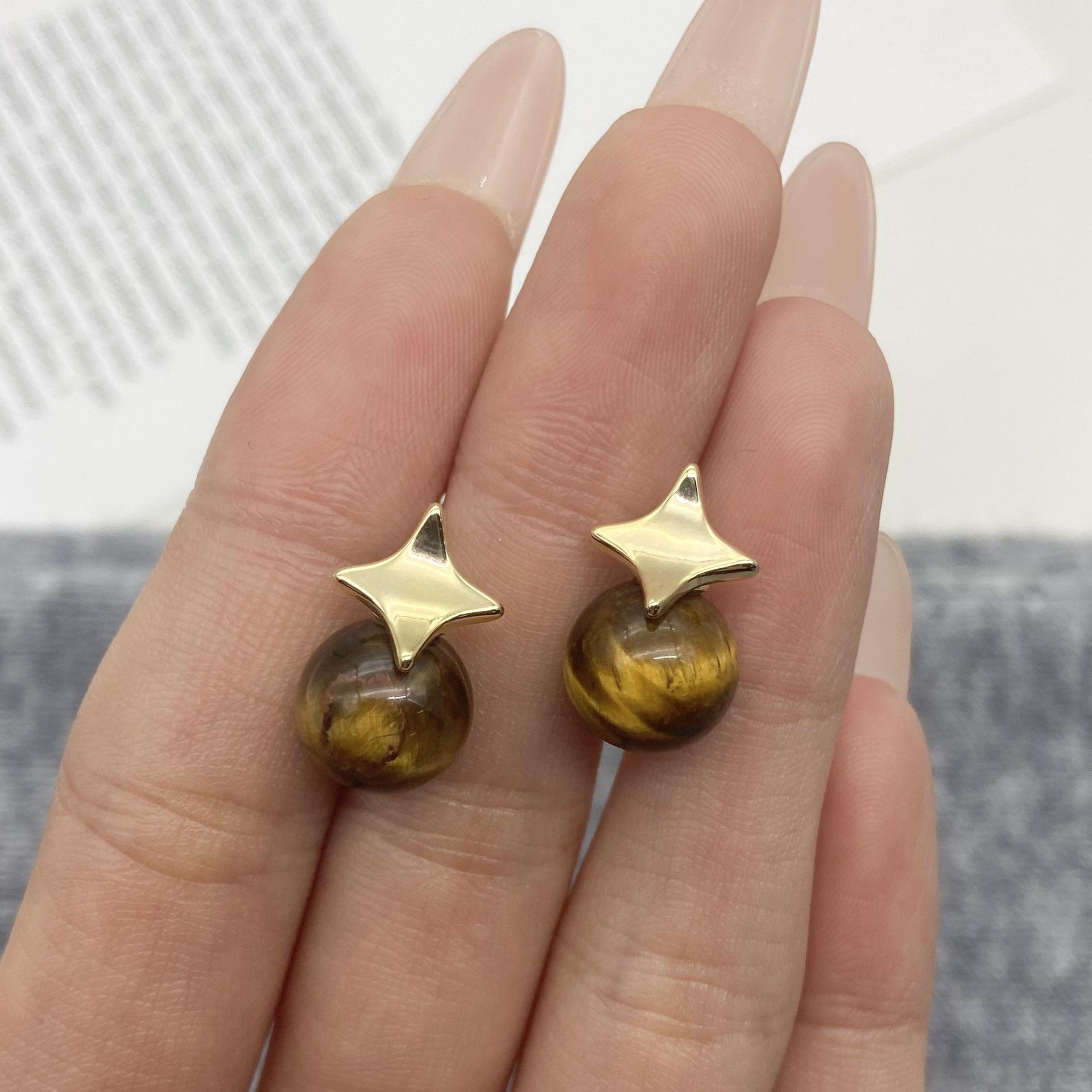

Серьги-гвоздики Серебряная Игла Стиль Ядан Майллард Камень Тигровый Глаз Квадраграмма Милые и Крутые Универсальные Серьги-Гвоздики