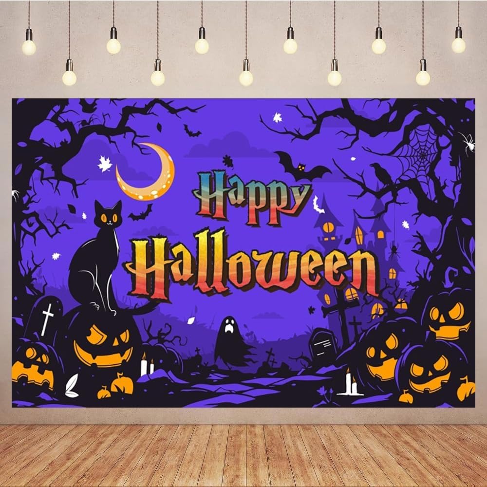 1pc,2Dflat, Happy Halloween Background Music Ghost Pumpkin Cute Ghost Tombstone Black Cat Photography Background Terrifying, wsj