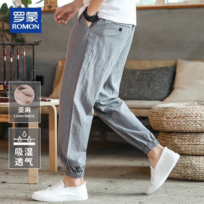 ROMON Men s Vertical Stripe Linen Blend Cropped Drawstring Pants M