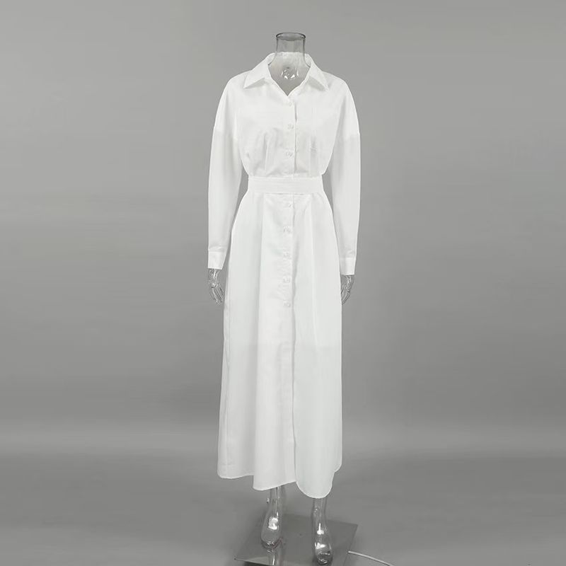

Fashion New Arrival Elegant Lapel Shirt Dress Silm Dress Fashion Long Skirt Lace up Shirt Dress White L