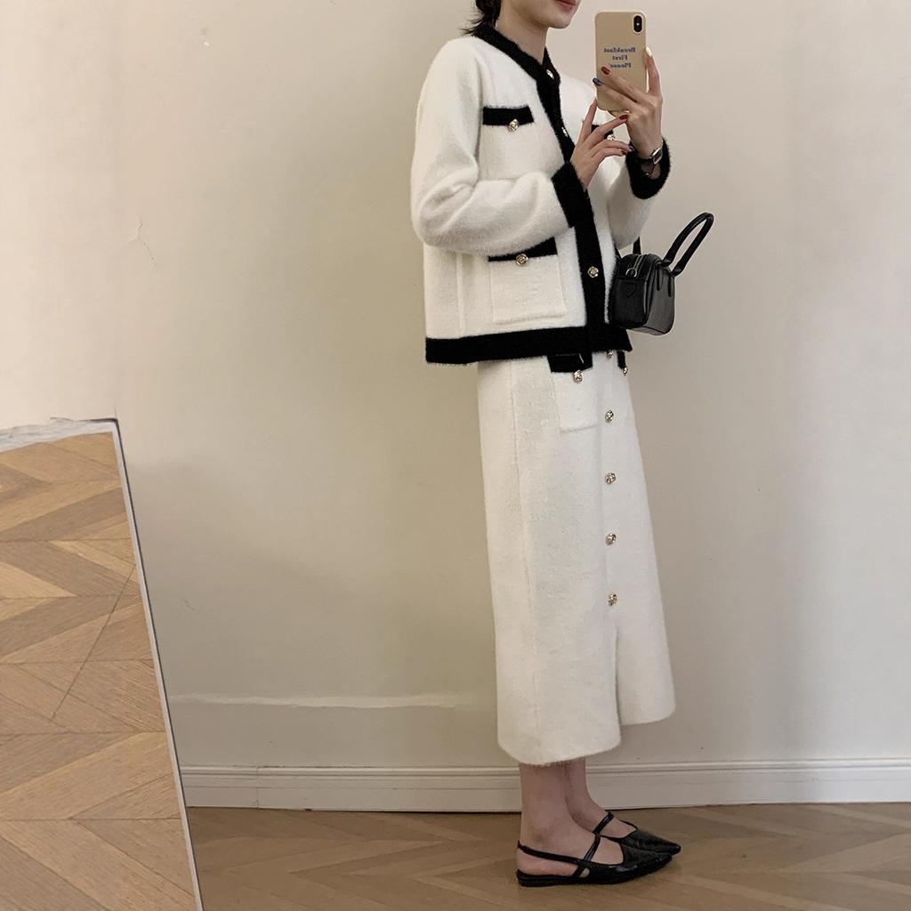 2 Piece Sweater Skirt Sets for Women Fall Winter Knit Long Skirt Cardigan Sweater Set Lounge Long Sleeve Top Midi Dress Outfits Women's Loungewear Set