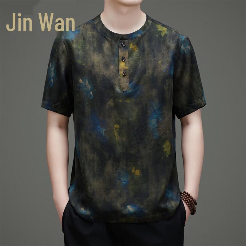 Jinju Men s New Chinese Style 100% Mulberry Silk Wrinkle-Resistant Short-Sleeve T-Shirt XL