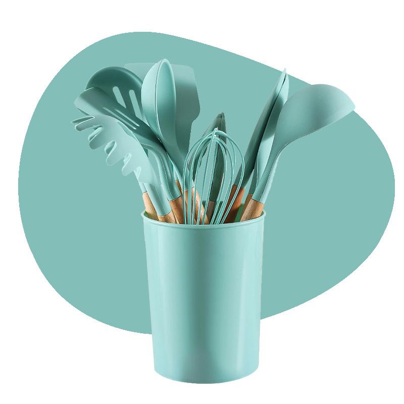 Cooking non-stick pan with storage bucket Silicone kitchen utensils set Silicone spatula spoon 12-piece set Wooden handle kitchen utensils set Cooking