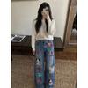 Autumn Korean cartoon sticker jeans women's loose and thin high waist drape floor-mopping wide-leg pants versatile ins tide
