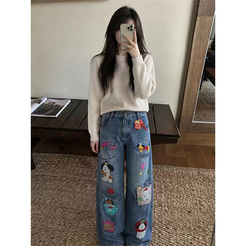 Autumn Korean cartoon sticker jeans women's loose and thin high waist drape floor-mopping wide-leg pants versatile ins tide