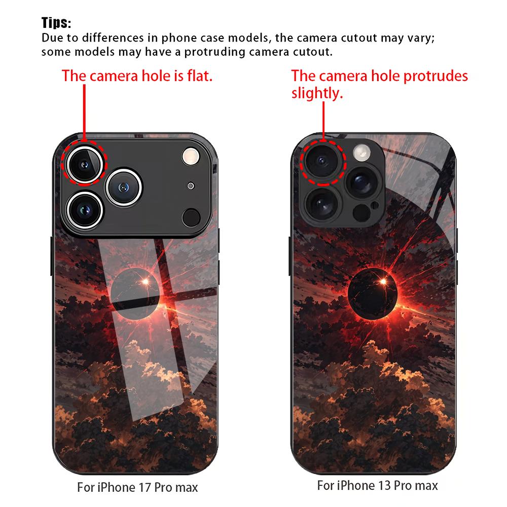 Red and black solar eclipse cloud glass phone case suitable for iPhone 17 16 15 14 13 12 11Pro/Max/Plus anti drop and shockproof