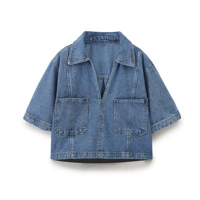 Spring Retro Vent Bag Decoration Short Denim Shirt