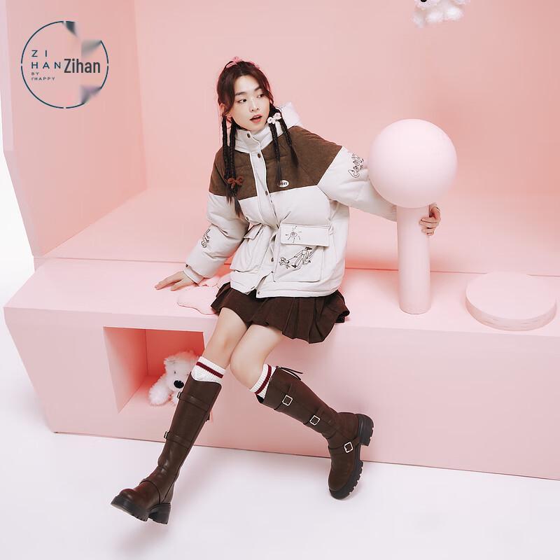 ZIHAN Women s 2024 Winter Color-Block Hooded Duck Down Puffer Jacket S