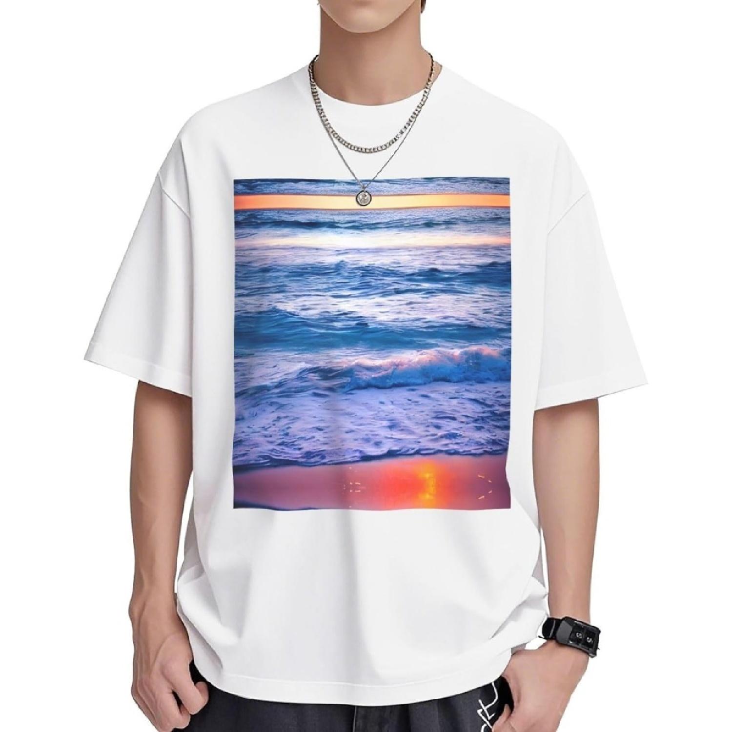Beach Sunset Ocean Waves Printing Athletic Men Women Cotton Short Sleeve Tees, S-XL, Summer Fit S