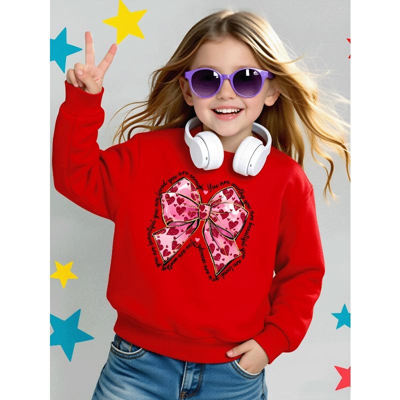 Kids Sweatshirt,Crew Neck Fashion Top, Fun"Pink Heart Bow Pattern " Patterned Sweatshirt, for Everyday Casual Wear, for All Kinds of Daily Outfits