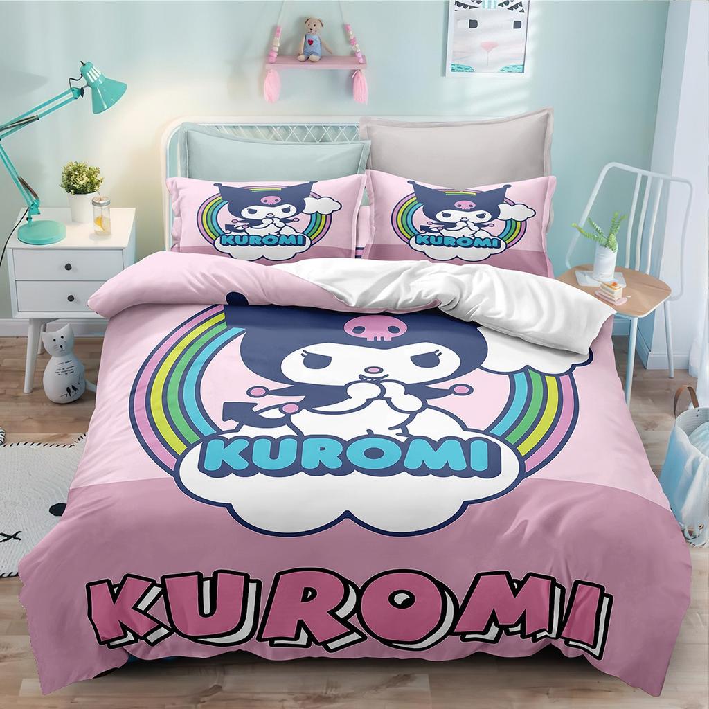Cute Anime Cartoon Kuromi Bedding Picture Comforter Quilt Bed Cover Duvet Cover Pillow Case 2-3 Pieces Sets Kids Adult Size