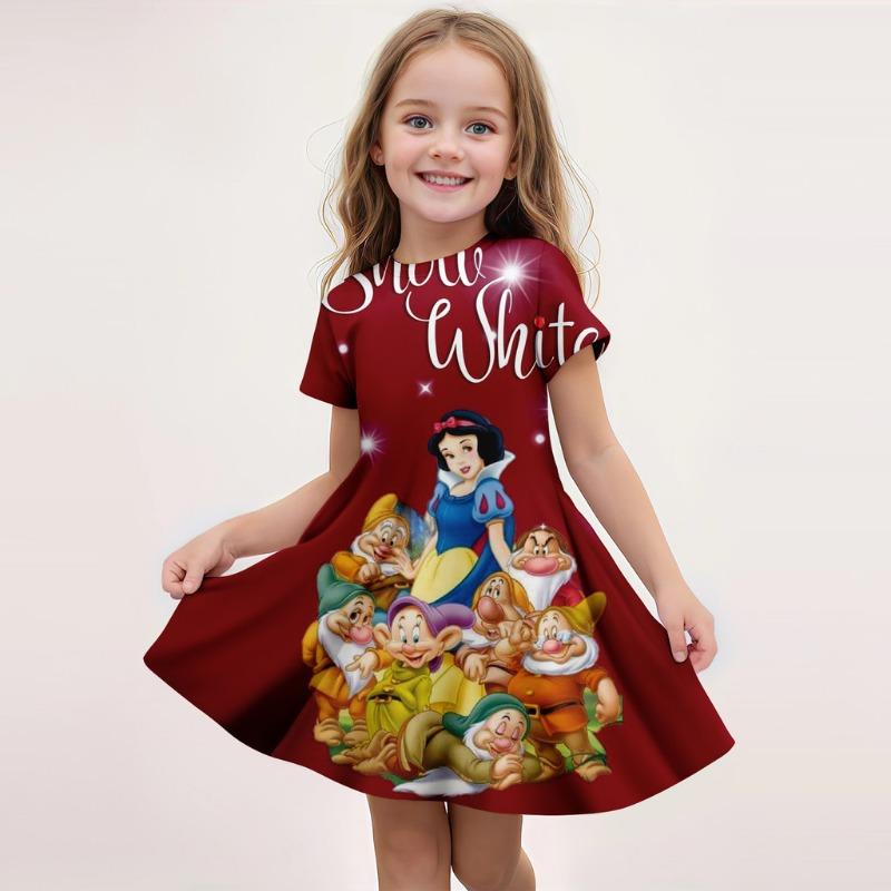 Disney Summer Girls Cute Cartoon Stitch Printed Dress Fashion One-piece Dress Kids Daily Casual Short Sleeve Clothing Outfit