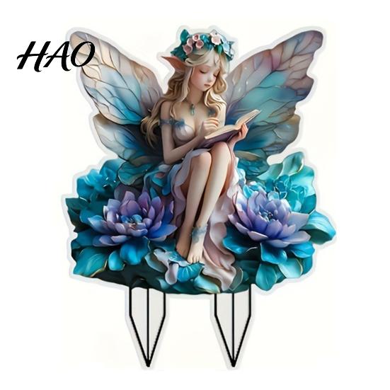 Decorative Garden Ornament Acrylic Moon Fairy Stake Decoration Weather-proof Outdoor Yard Lawn Patio Pathway Waning Elf Stick Pattern B
