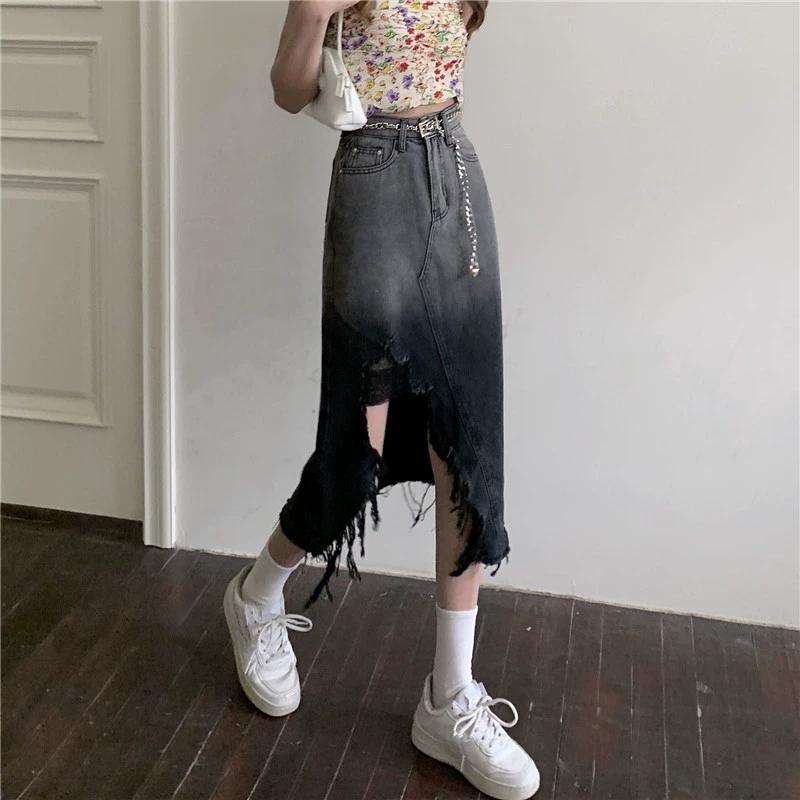 Revet Ujevn Denimskjørt for Kvinner Retro Sliss Midilengde Skjørt Høy Midje Stor Størrelse Dameklær Street Style