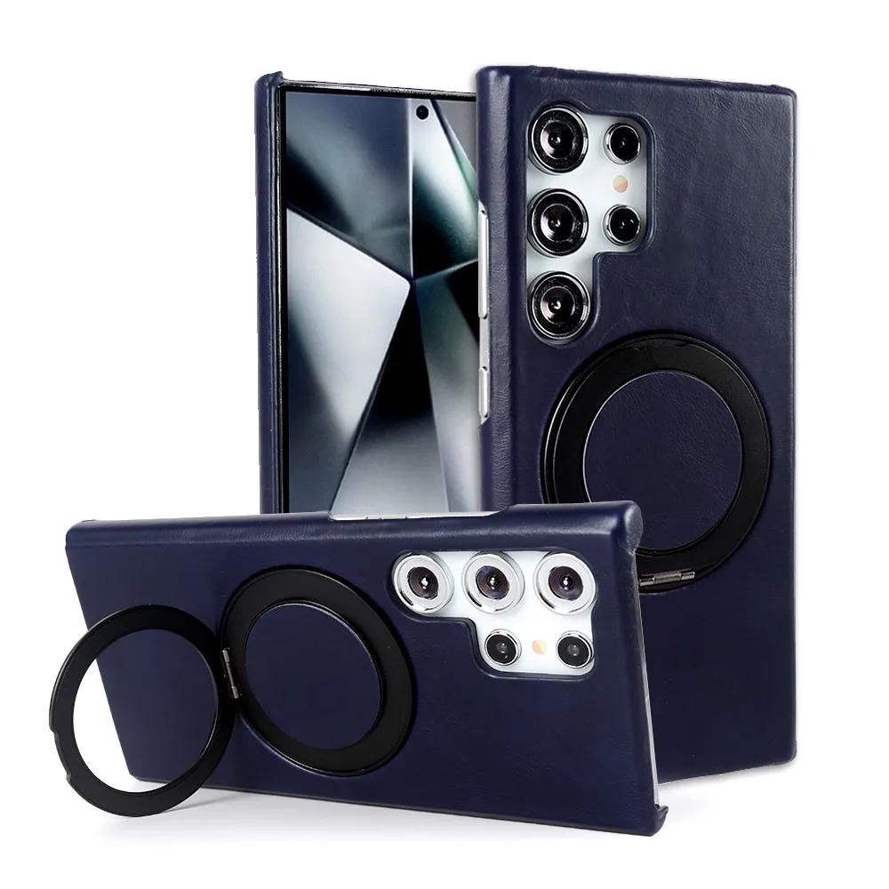 Luxury Genuine Leather Case For Samsung Galaxy S24 Ultra S23 S22 S21FE S20 Note20 S23FE Magnetic Ring Stand Bracket Phone Cases