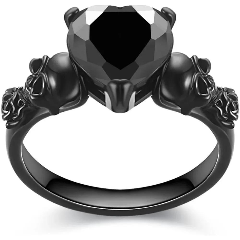 Gothic Skull Heart Ring for Women, Black Gold Tone with Red Purple Crystal Zirconia, Ideal Gift for Valentine's Day Mother's Day