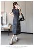 New Summer Ice Silk Maternity Dress with Short Sleeve Polo Collar and Slimming Color Block Stripes
