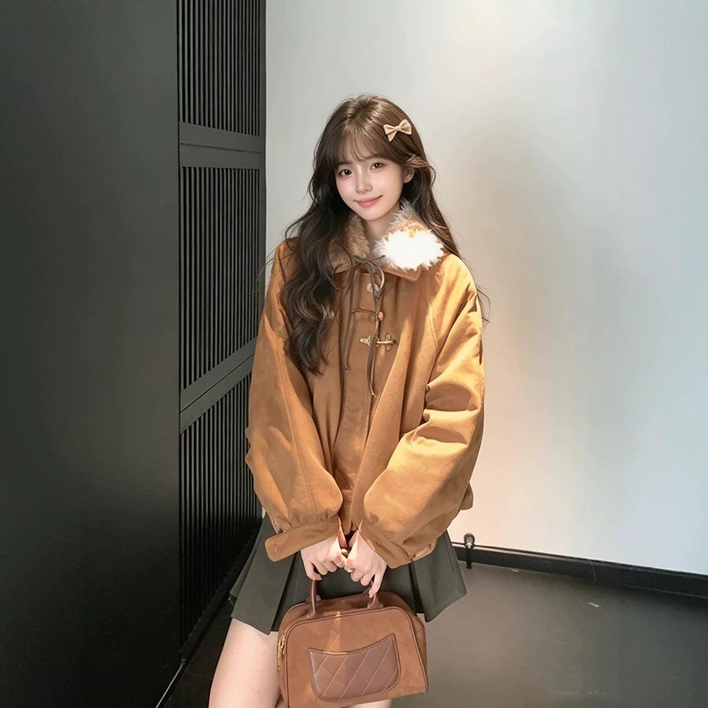 Real shot American retro fur collar cotton clothes women's autumn and winter loose college style design niche thickened coat