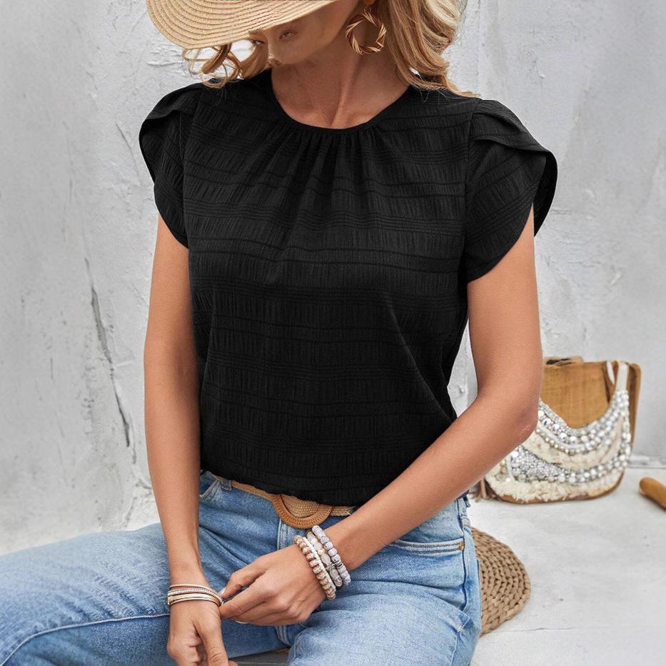 Ladies Summer Irregular Short Sleeve O Neck Solid Color Casual Pullover Blouse Shirt Top