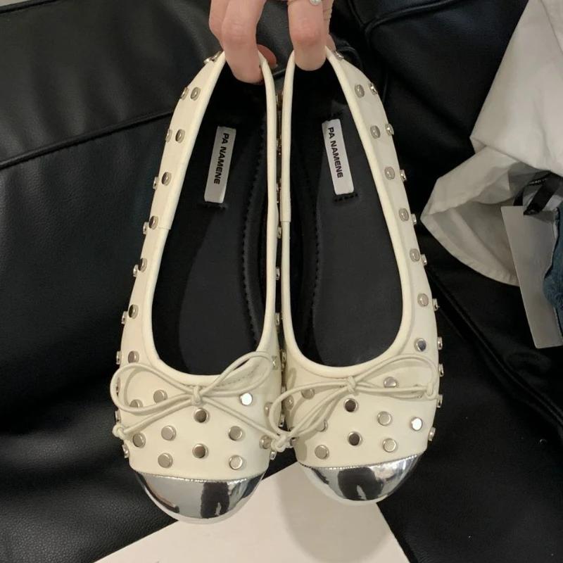 Fashion Fashion Metal Rivet Decoration Mary Jane Shoes Women Sweet Bow Round Toe Shallow Ballet Flats Comfortable Non-Slip Dress Shoes